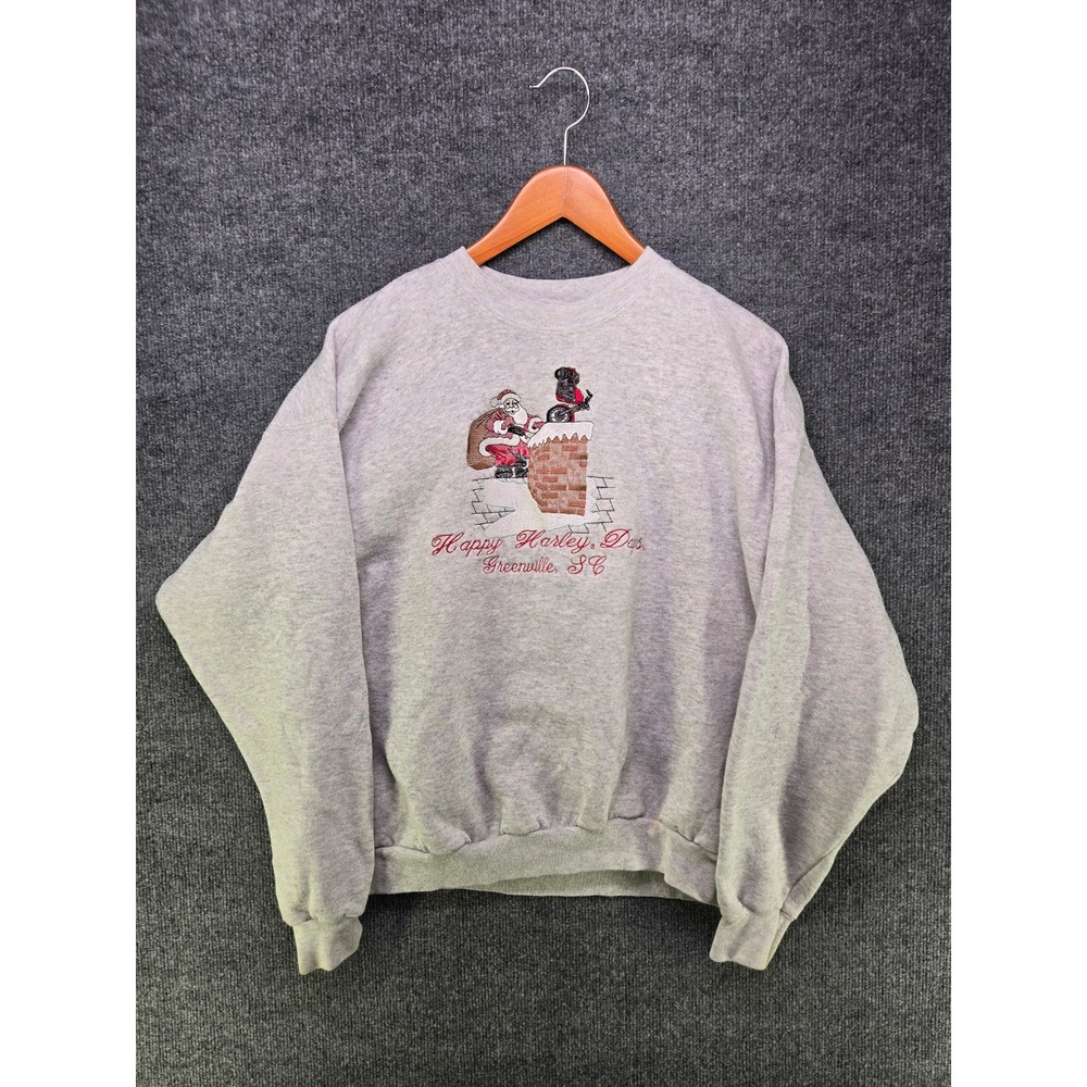 Vintage Harley-Davidson Christmas Sweatshirt XL Gray Santa Greenville SC Hanes